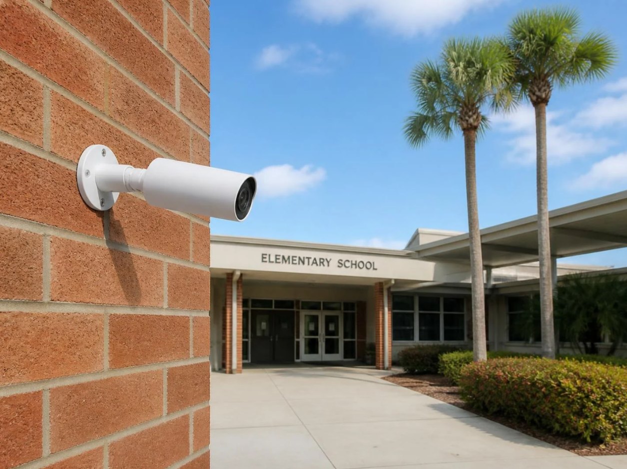 Exterior camera at a school entrance