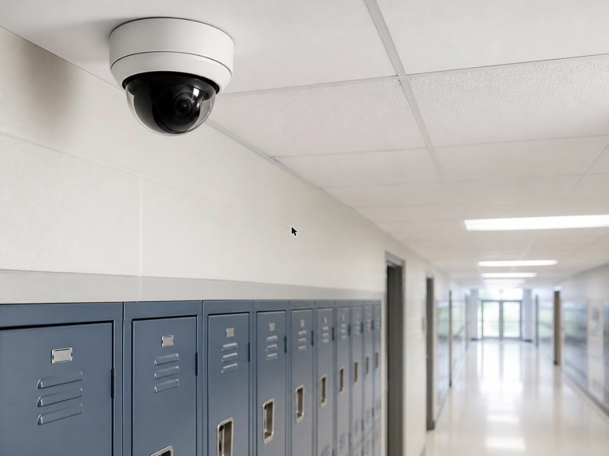 UniFi dome camera in a school hallway