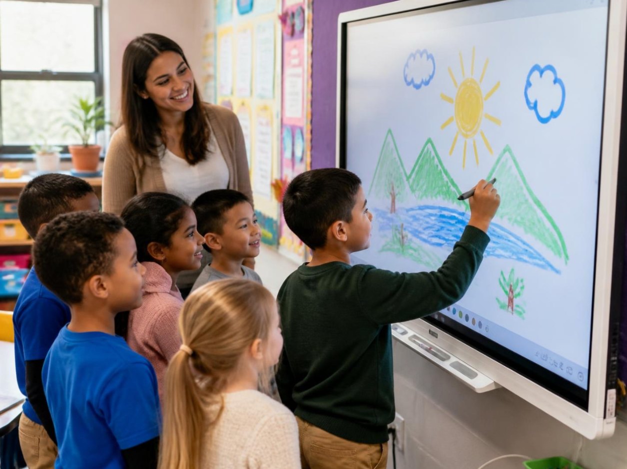 Teacher presenting on a SMART Board interactive display to a class