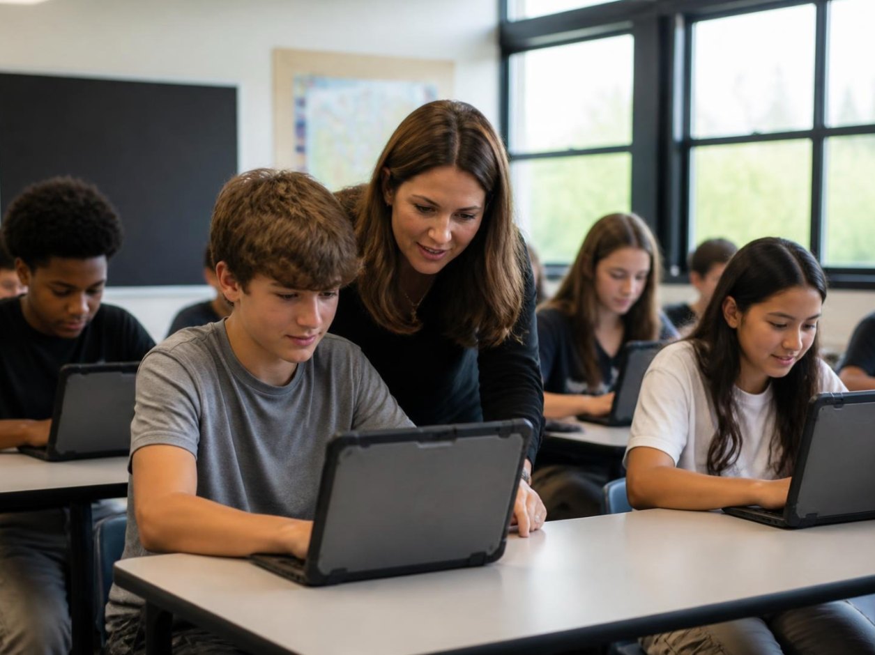 Students working on laptops in a connected classroom
